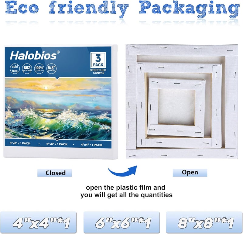 Halobios 3 Packs Stretched Canvases for Painting with 4x4 Inch, 6x6 Inch, 8x8 Inch, Square Blacnk Canvases for Acrylics,Oils & Other Painting Media, 5/8 Inch Profile 100% Cotton Artist Framed Canvas - Image 2